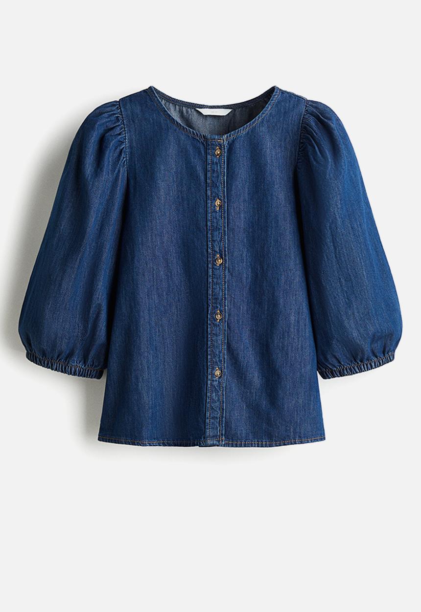 H&M - Balloon-sleeved denim blouse - denim blue