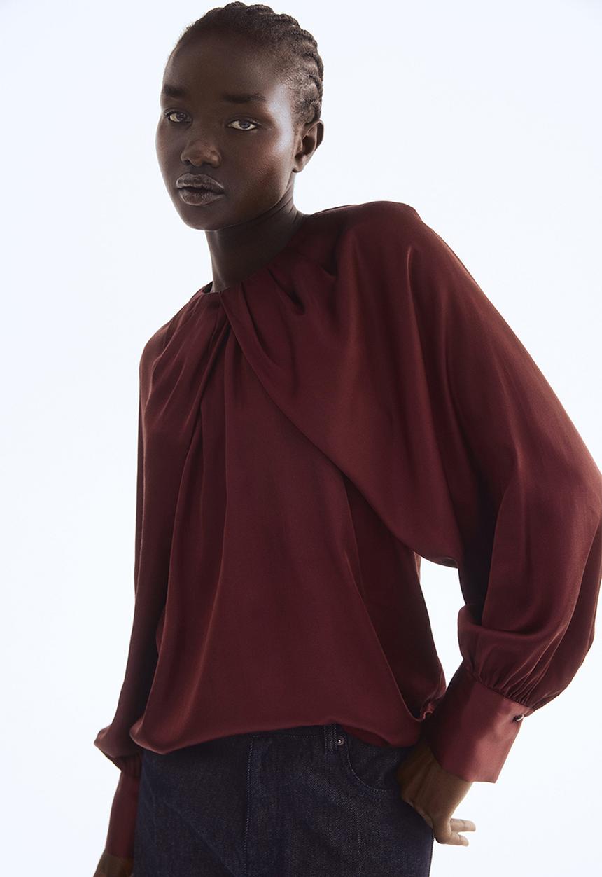 H&M - Balloon-sleeved satin blouse - burgundy