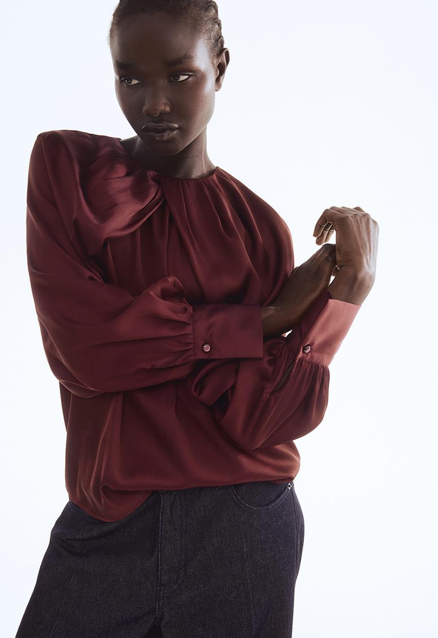 H&M - Balloon-sleeved satin blouse - burgundy