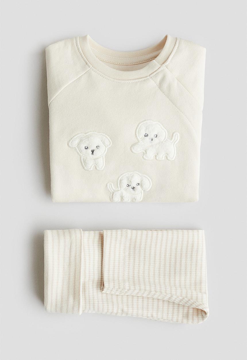 H&M - 2-piece cotton set - cream/puppies 