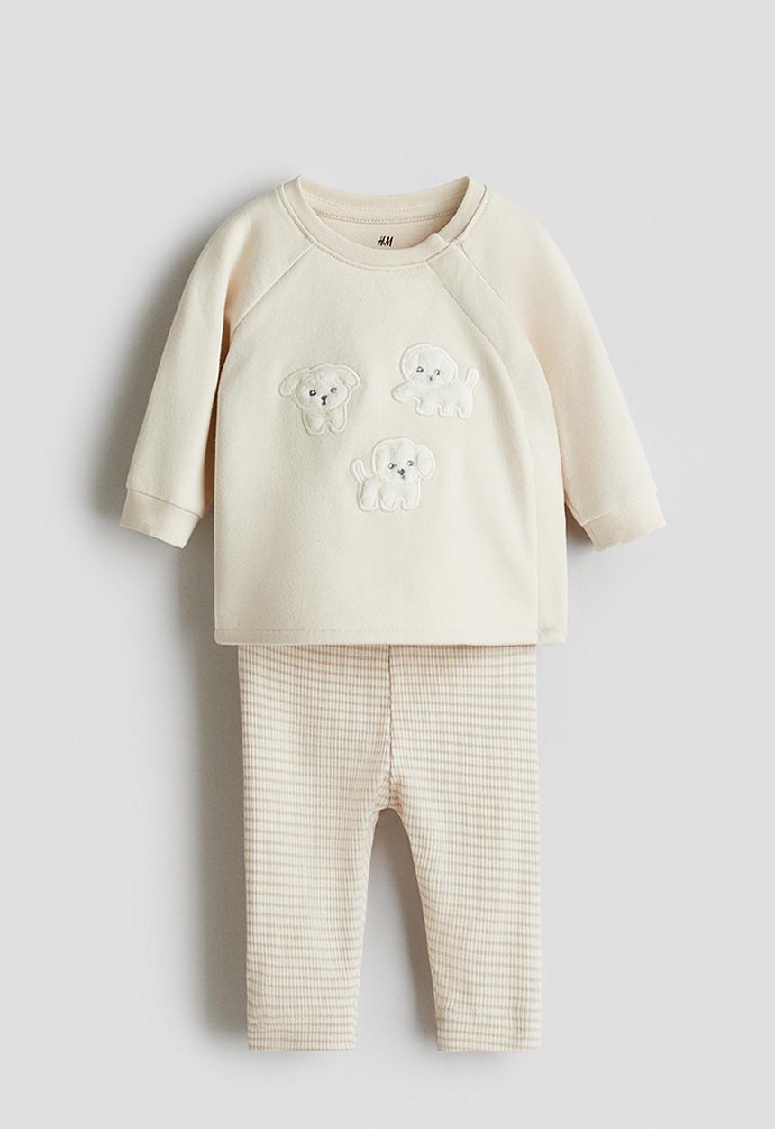 H&M - 2-piece cotton set - cream/puppies 
