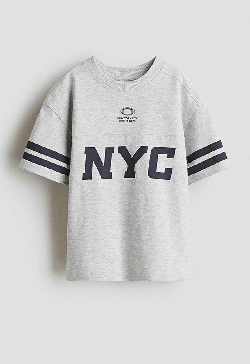 H&M - Printed cotton T-shirt - light grey marl/nyc 