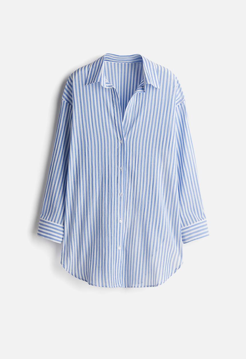 H&M - Long cotton shirt - light blue striped 