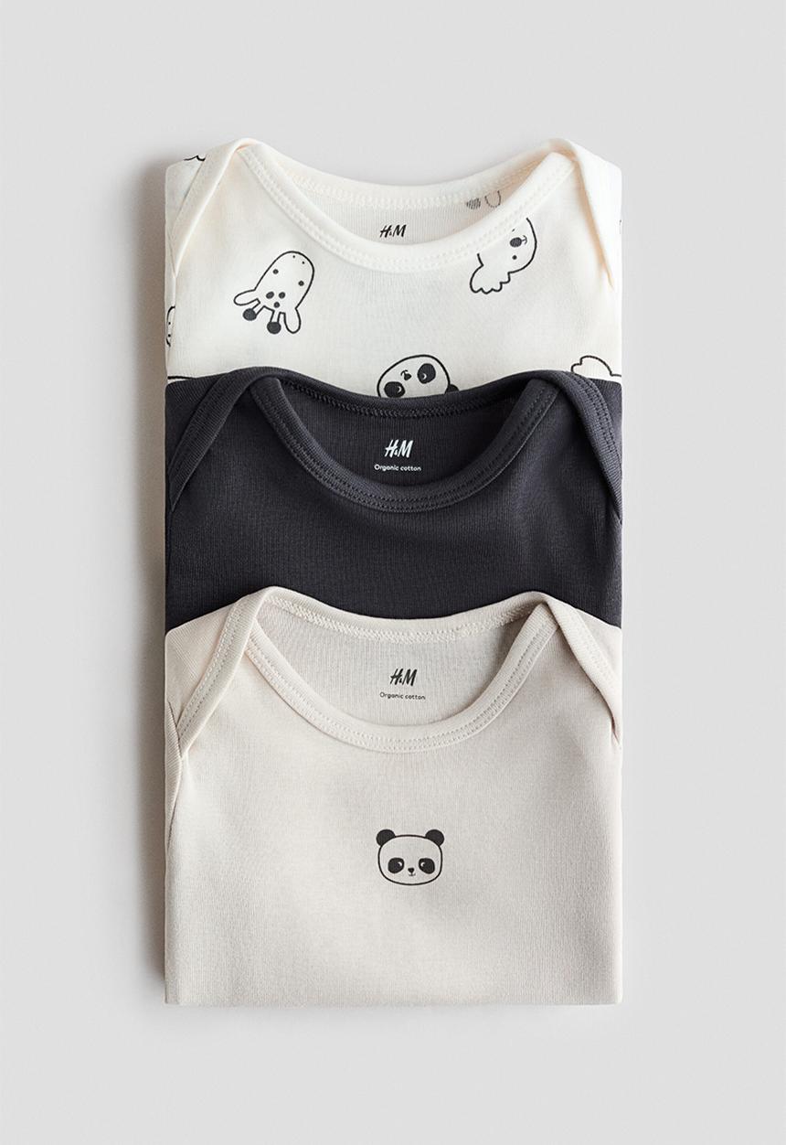 H&M - 3-pack cotton envelope-neck bodysuits - light beige/pandas