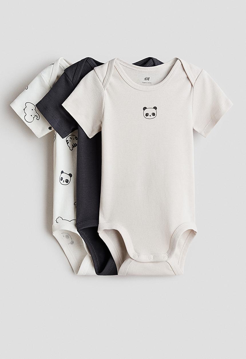 H&M - 3-pack cotton envelope-neck bodysuits - light beige/pandas