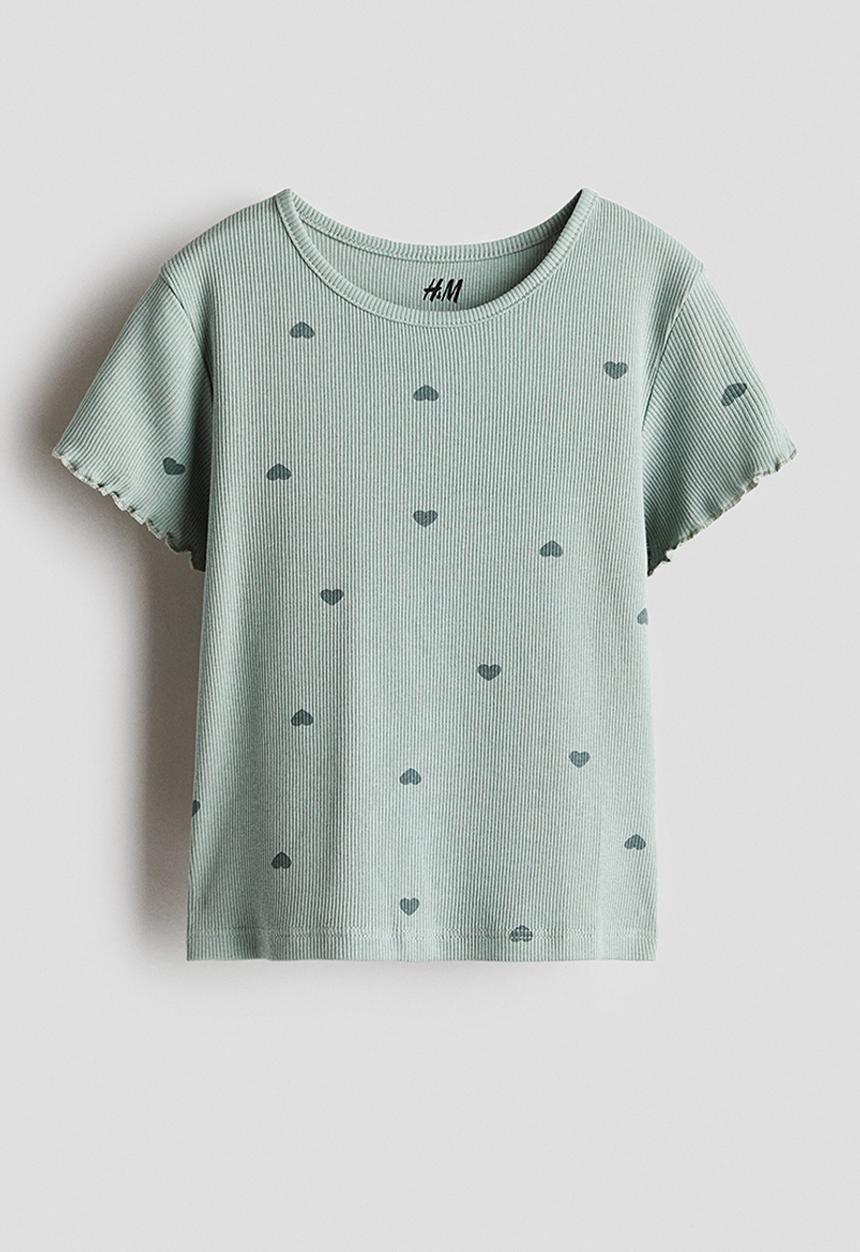 H&M - Overlock-detail cotton top - dusty green hearts