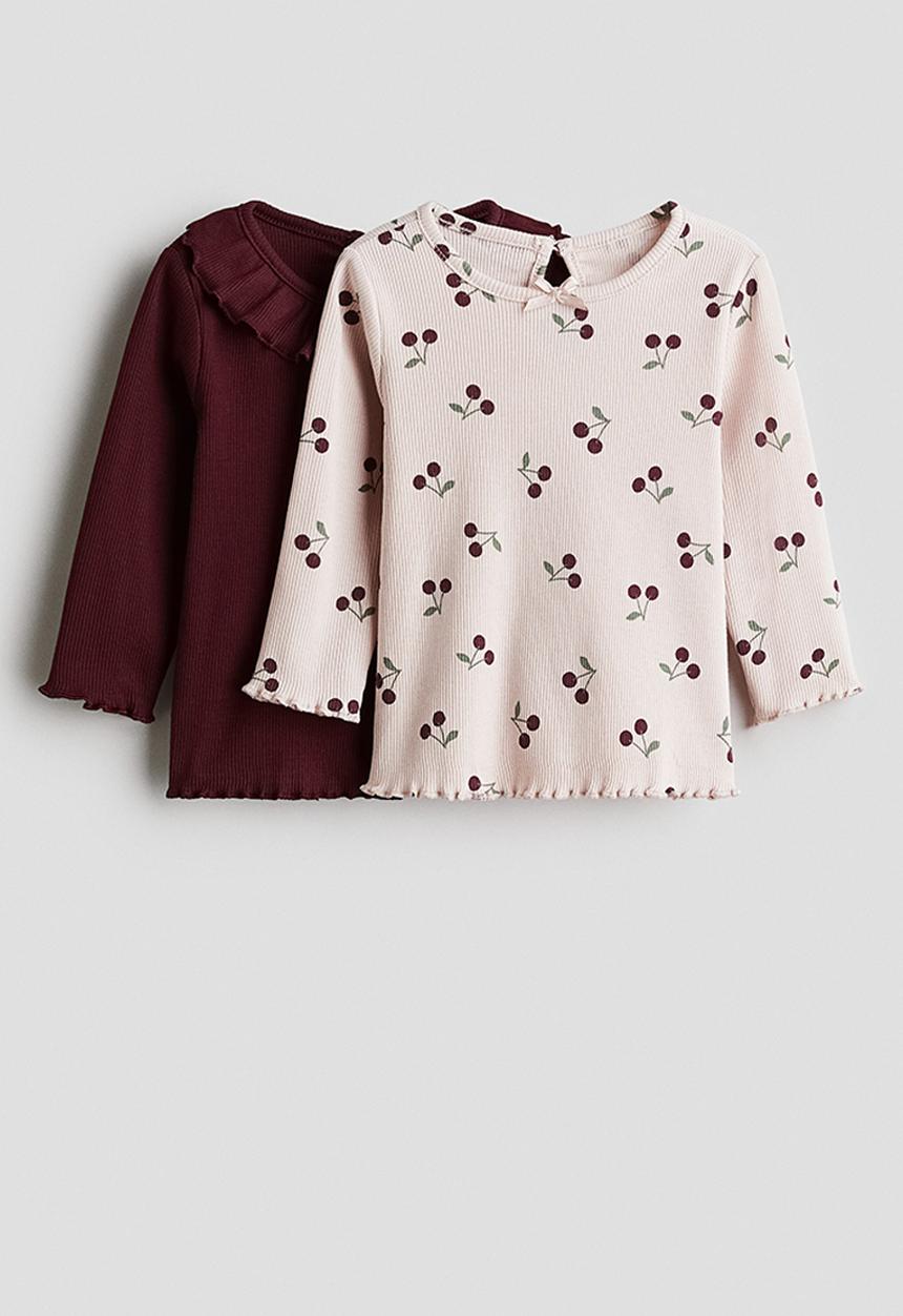 H&M - 2-pack ribbed jersey tops - light pink cherries
