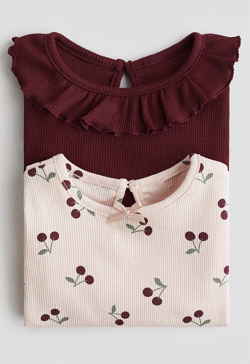 H&M - 2-pack ribbed jersey tops - light pink cherries