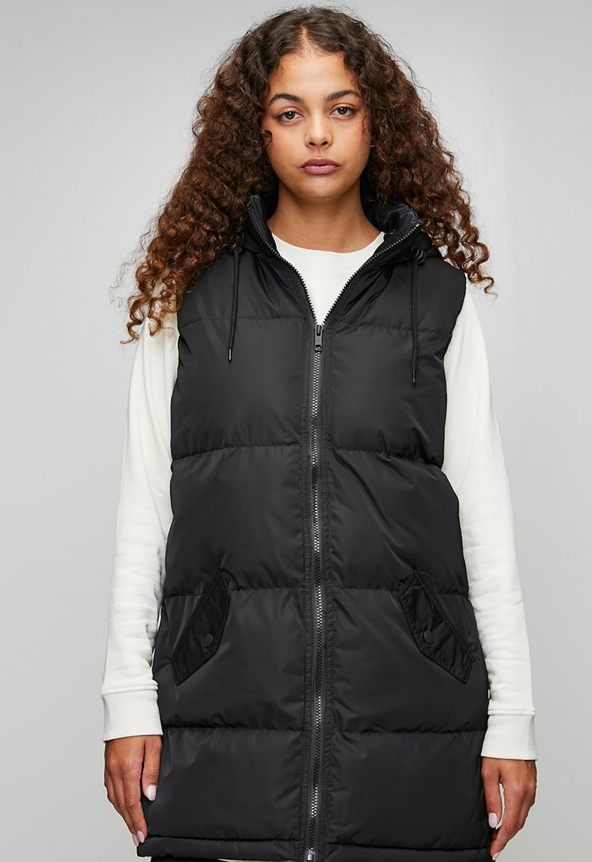 Brave Soul - Ladies Padded Longer Length Gilet With Fixed Hood - Black