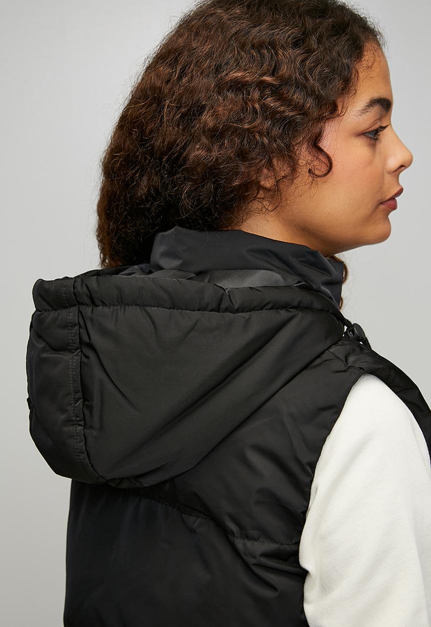 Brave Soul - Ladies Padded Longer Length Gilet With Fixed Hood - Black