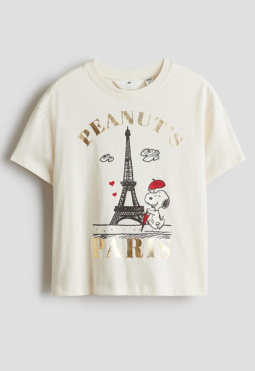 H&M - Loose-fit printed cotton T-shirt - cream/snoopy 