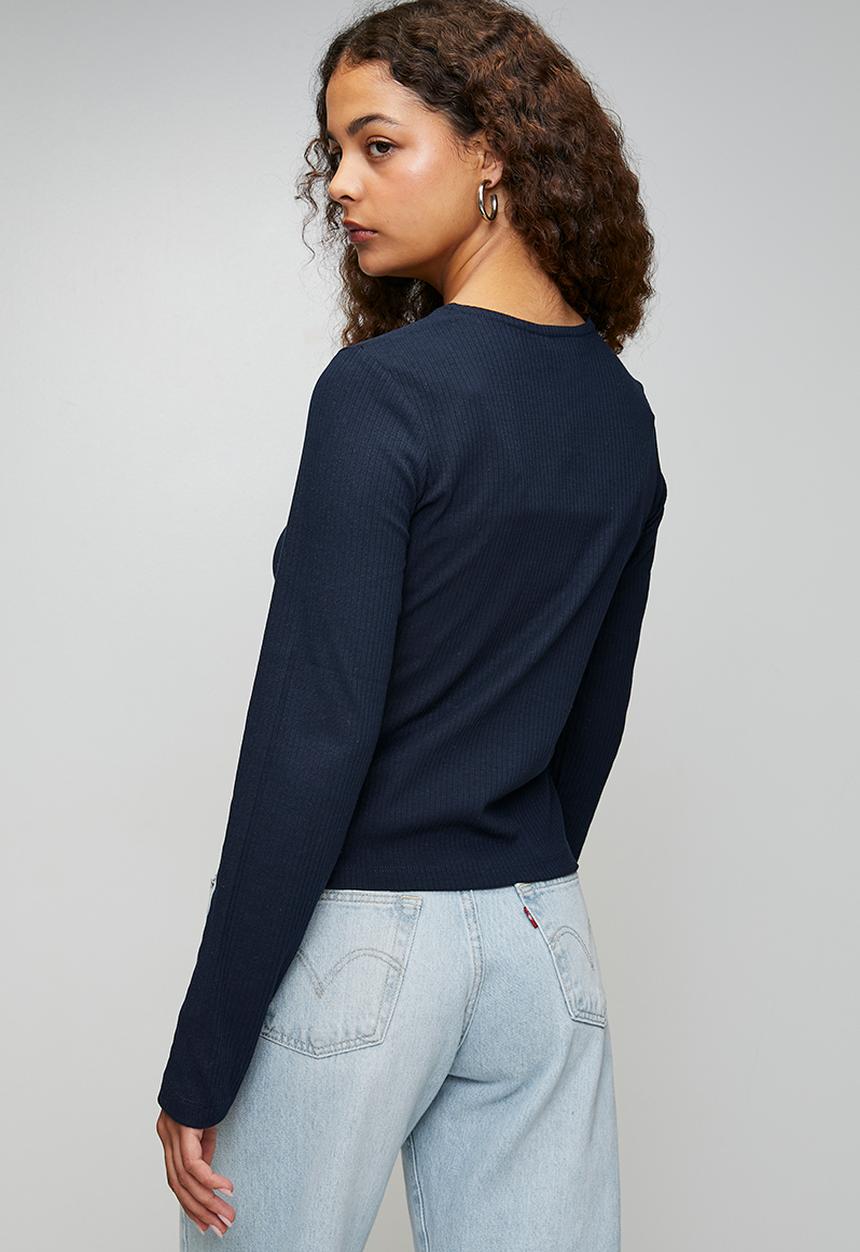 Brave Soul - Ladies Ribbed Button Down Long Sleeve Top - Navy
