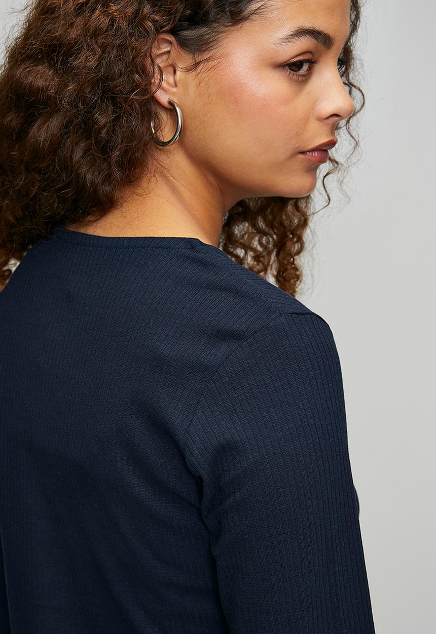 Brave Soul - Ladies Ribbed Button Down Long Sleeve Top - Navy