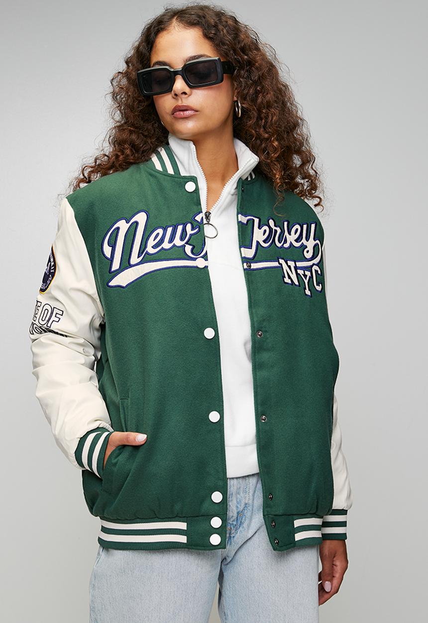 Ladies Over Sized Varsity Jacket - Green / White / Green& White