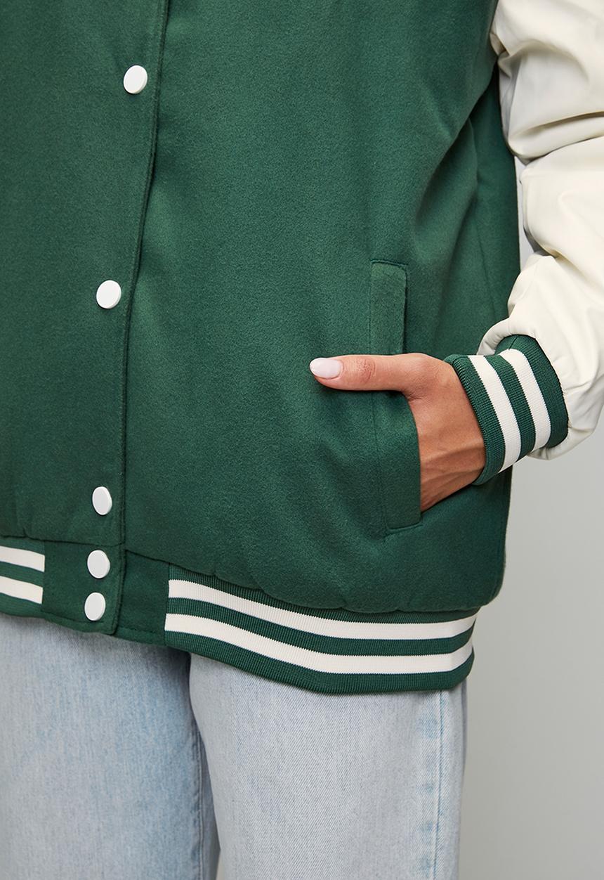 Brave Soul - Ladies Over Sized Varsity Jacket - Green / White / Green& White