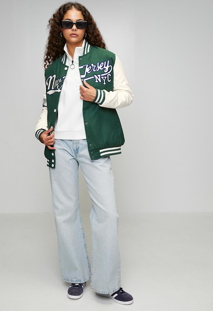 Brave Soul - Ladies Over Sized Varsity Jacket - Green / White / Green& White