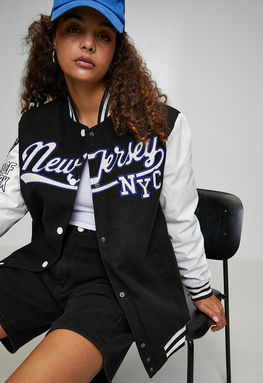 Ladies Over Sized Varsity Jacket - Black / White / Black& White