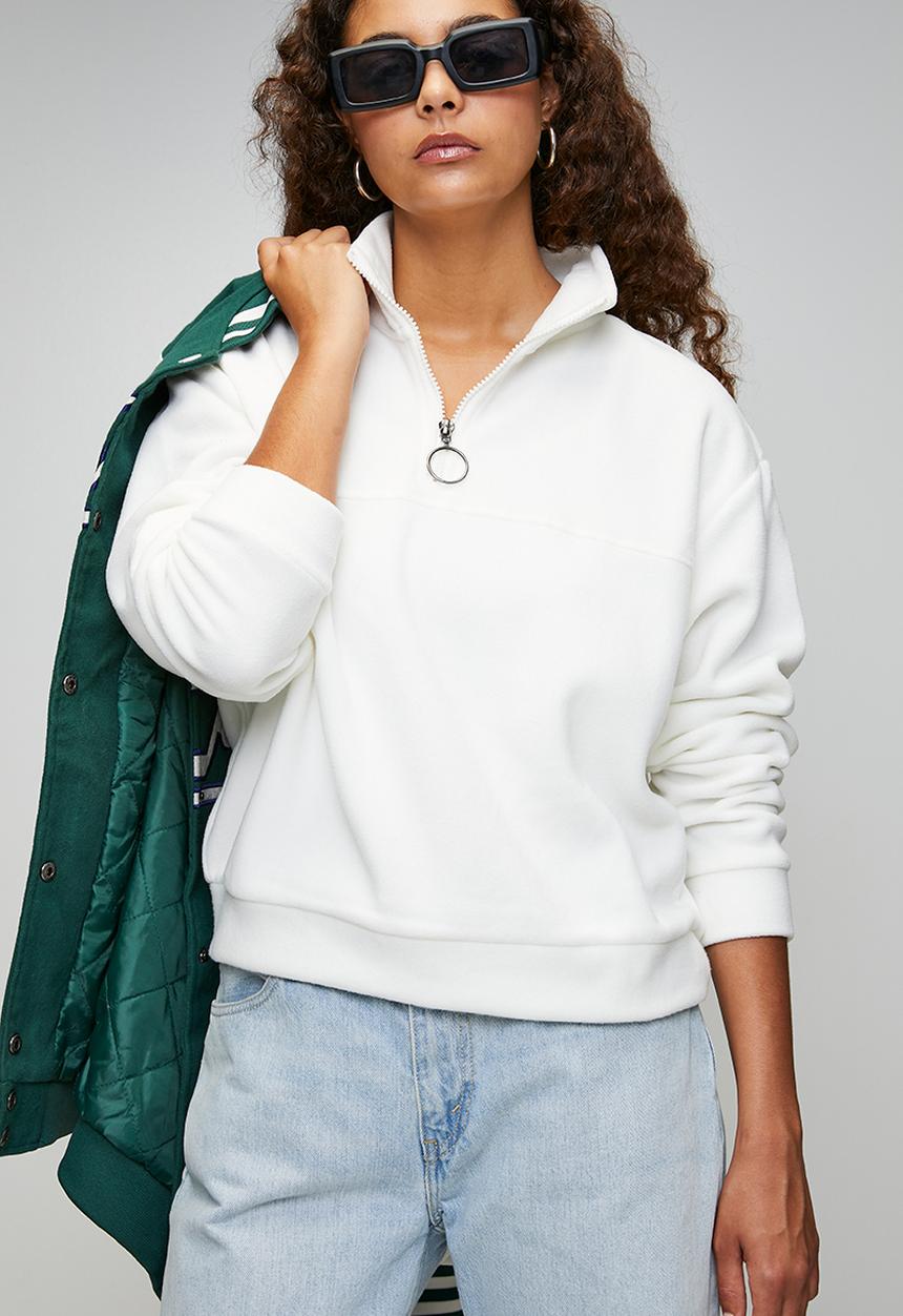 Brave Soul - Ladies Mid Zip Fleece Sweatshirt - Cream