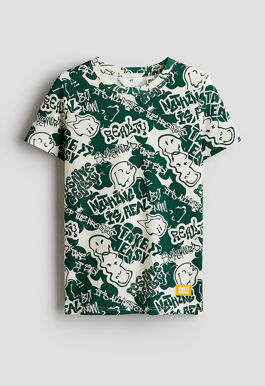 H&M - Printed T-shirt - dark green/smileyworld®