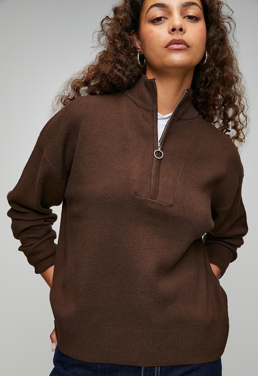 Brave Soul - Ladies Knitted Jumper With Collared Zip - Chocolate