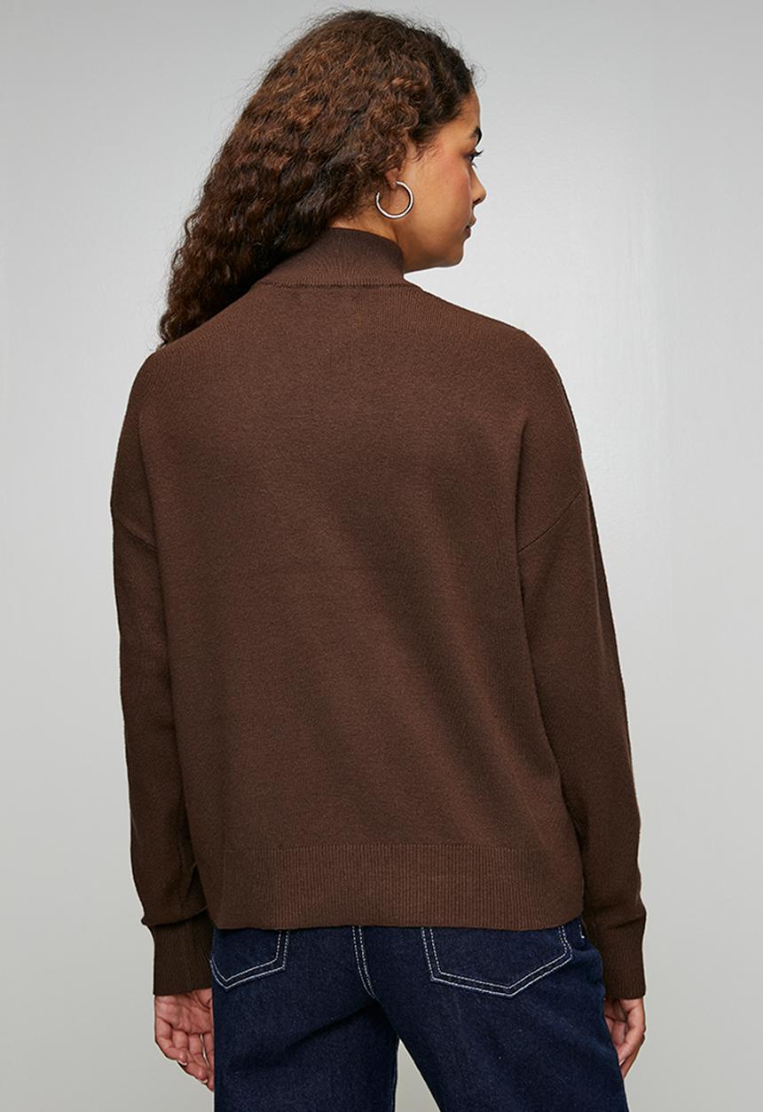 Brave Soul - Ladies Knitted Jumper With Collared Zip - Chocolate