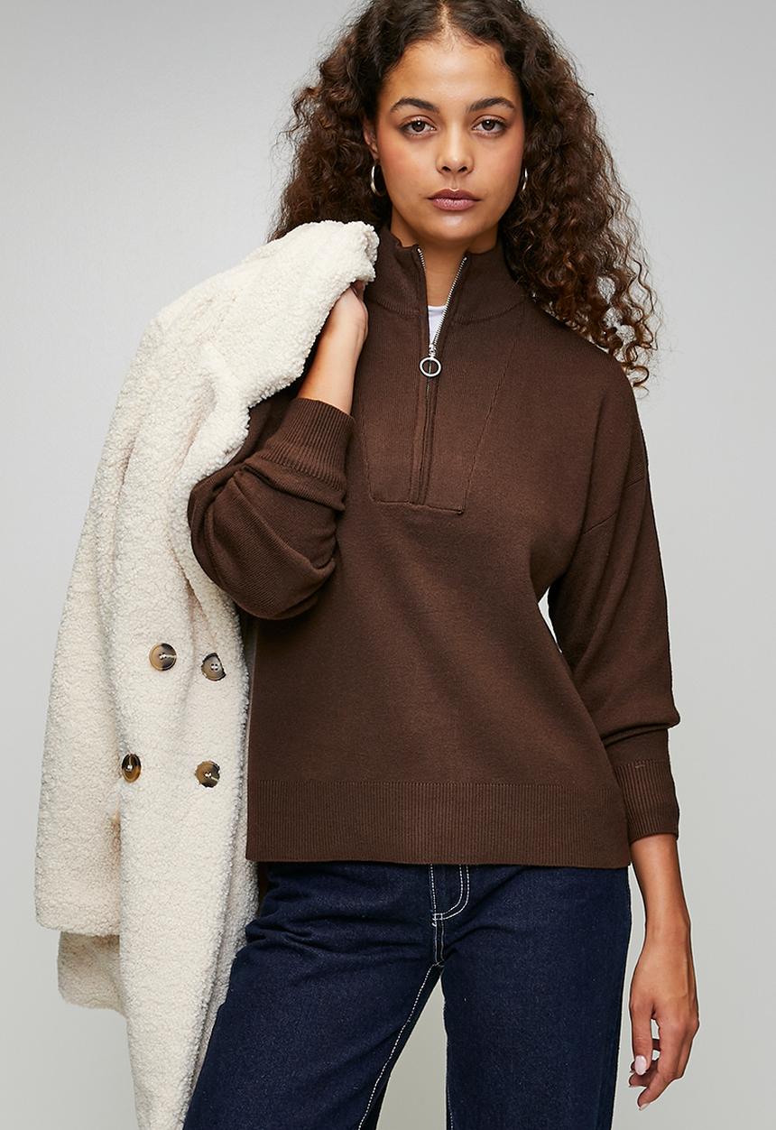 Brave Soul - Ladies Knitted Jumper With Collared Zip - Chocolate