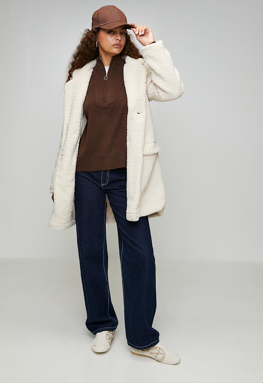 Brave Soul - Ladies Knitted Jumper With Collared Zip - Chocolate