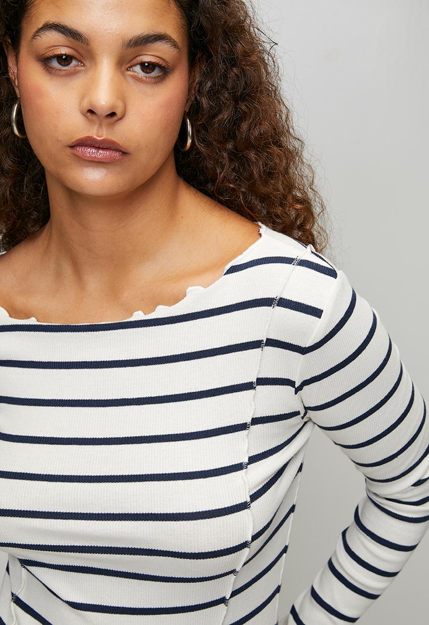 Brave Soul - Ladies Long Sleeve Stripe T-Shirt - Cream/Navy