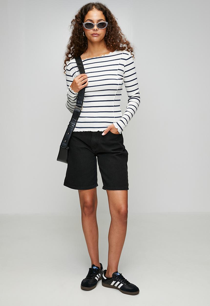 Brave Soul - Ladies Long Sleeve Stripe T-Shirt - Cream/Navy