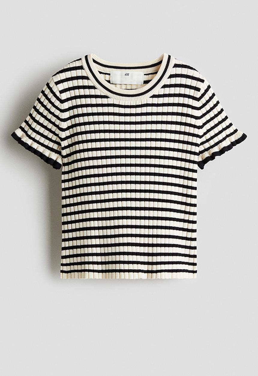 H&M - Rib-knit top - light beige/striped 