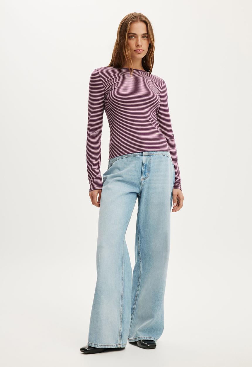 Cotton On - Everyday Smooth Long Sleeve - Lisa Stripe Velvet Currant