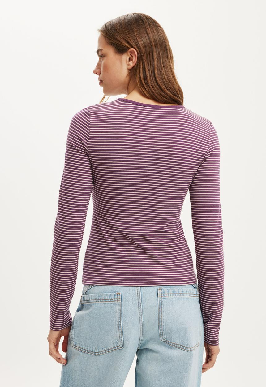 Cotton On - Everyday Smooth Long Sleeve - Lisa Stripe Velvet Currant