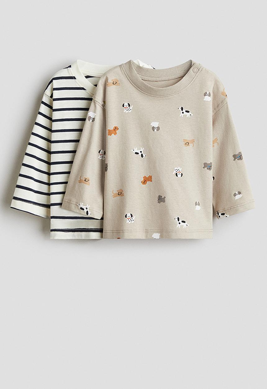 H&M - 2-Pack long-sleeved cotton T-shirts - light beige/dogs