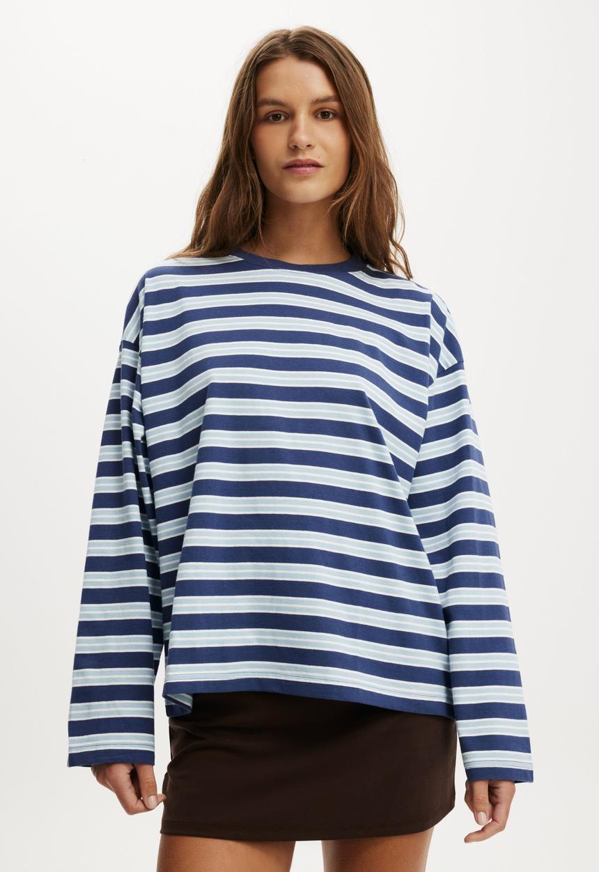 Cotton On - Boxy Long Sleeve Tee - Hallie Stripe Oxford Blue/Serene Blue