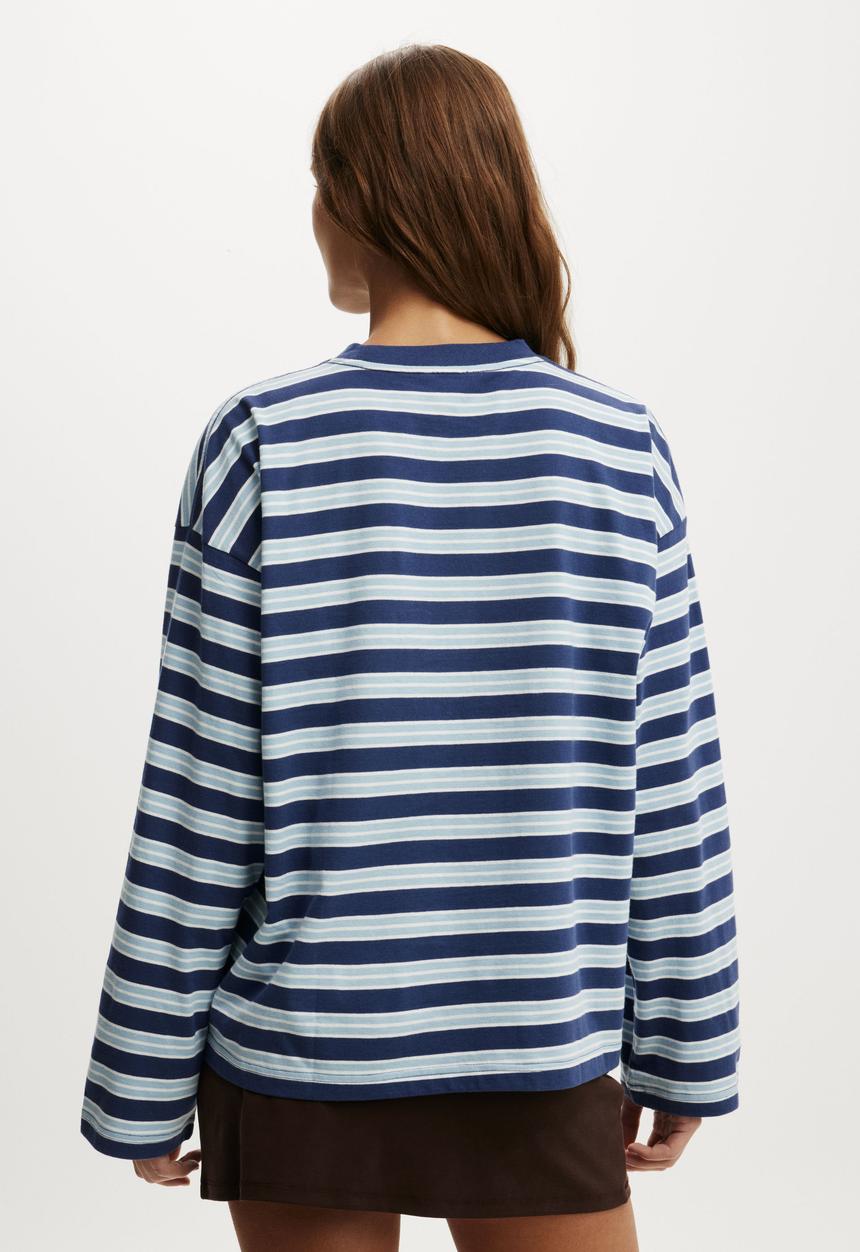 Cotton On - Boxy Long Sleeve Tee - Hallie Stripe Oxford Blue/Serene Blue