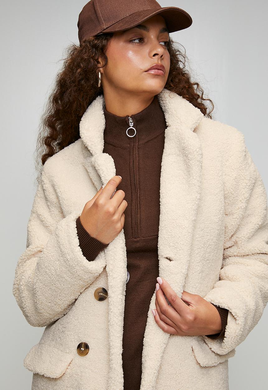 Brave Soul - Ladies Long Length Double Breasted Jacket - Cream