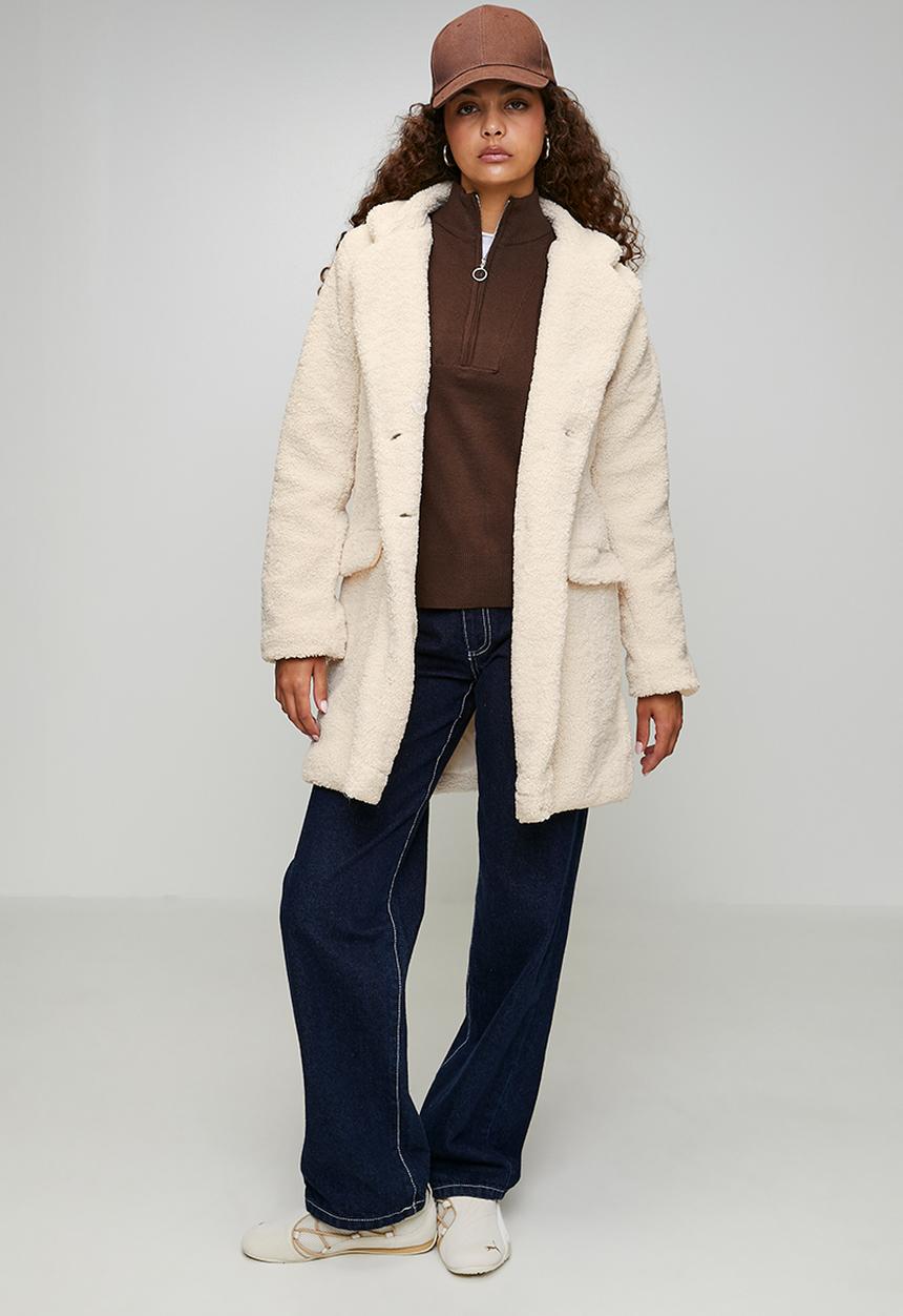 Ladies Long Length Double Breasted Jacket - Cream