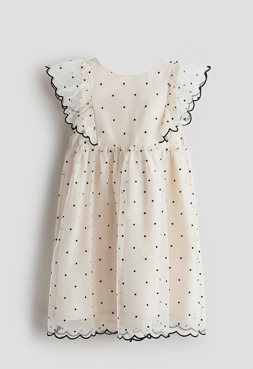 H&M - Flounced tulle dress - light beige/spotted