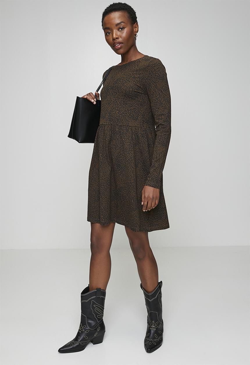 Brave Soul - Ladies Long Sleeve Smock Mini Dress - Black/Brown
