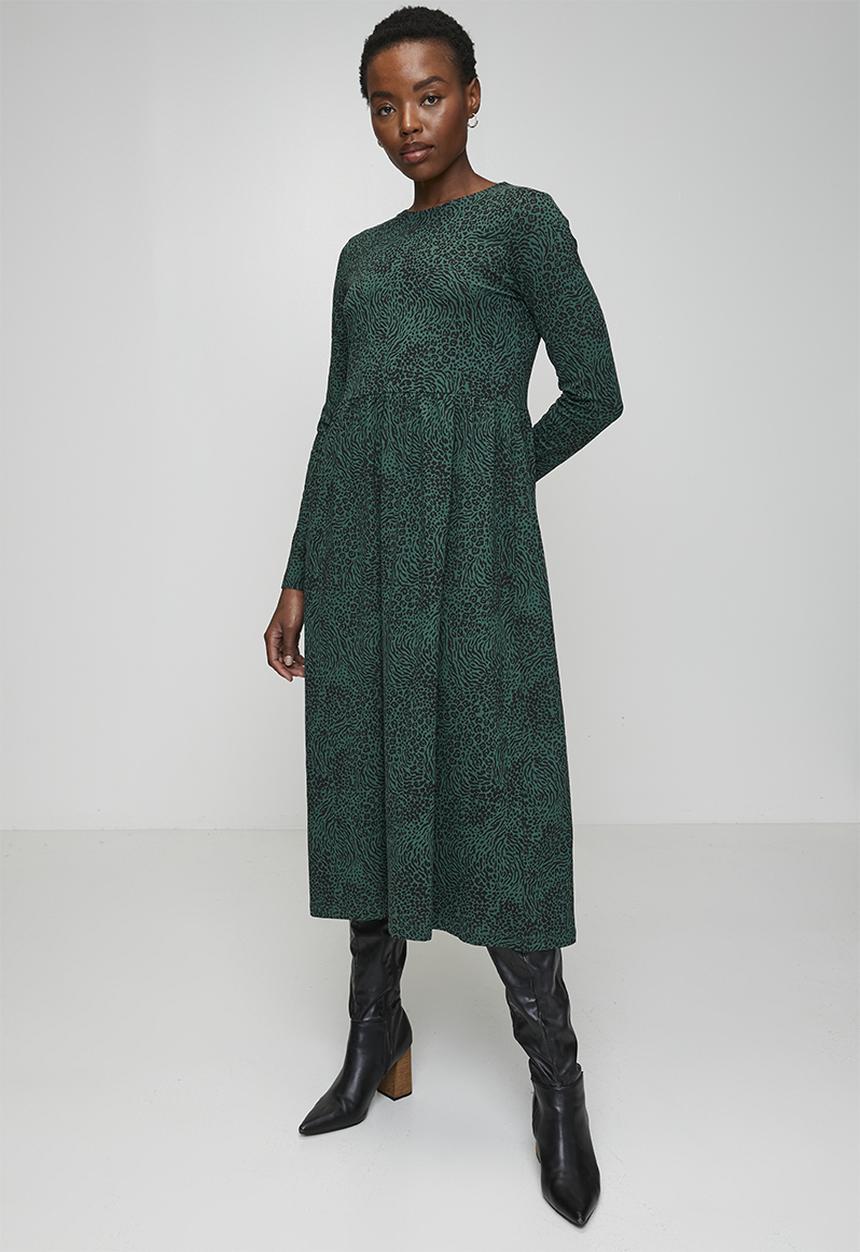 Ladies Long Sleeve Smock Midi Dress - Black/Green