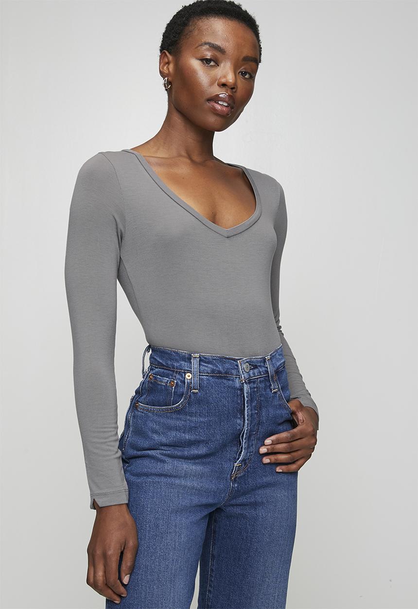 Brave Soul - Ladies V Neck Long Sleeve Bodysuit - Slate
