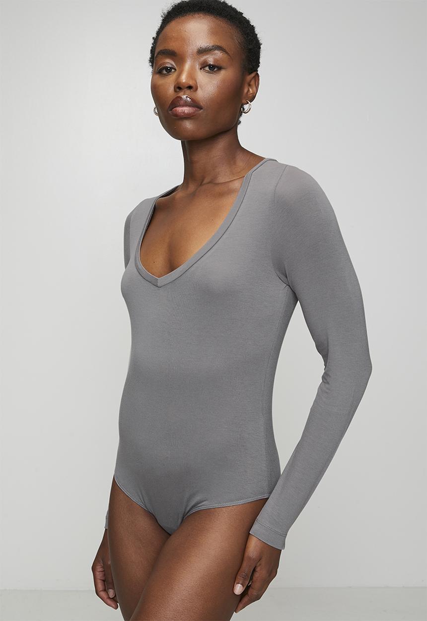 Brave Soul - Ladies V Neck Long Sleeve Bodysuit - Slate