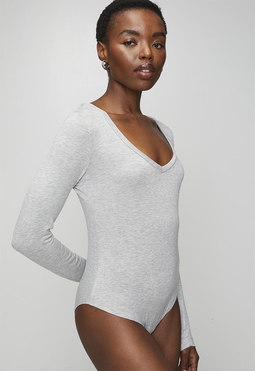 Brave Soul - Ladies V Neck Long Sleeve Bodysuit - Grey Marl