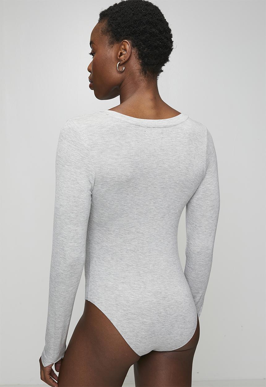 Brave Soul - Ladies V Neck Long Sleeve Bodysuit - Grey Marl