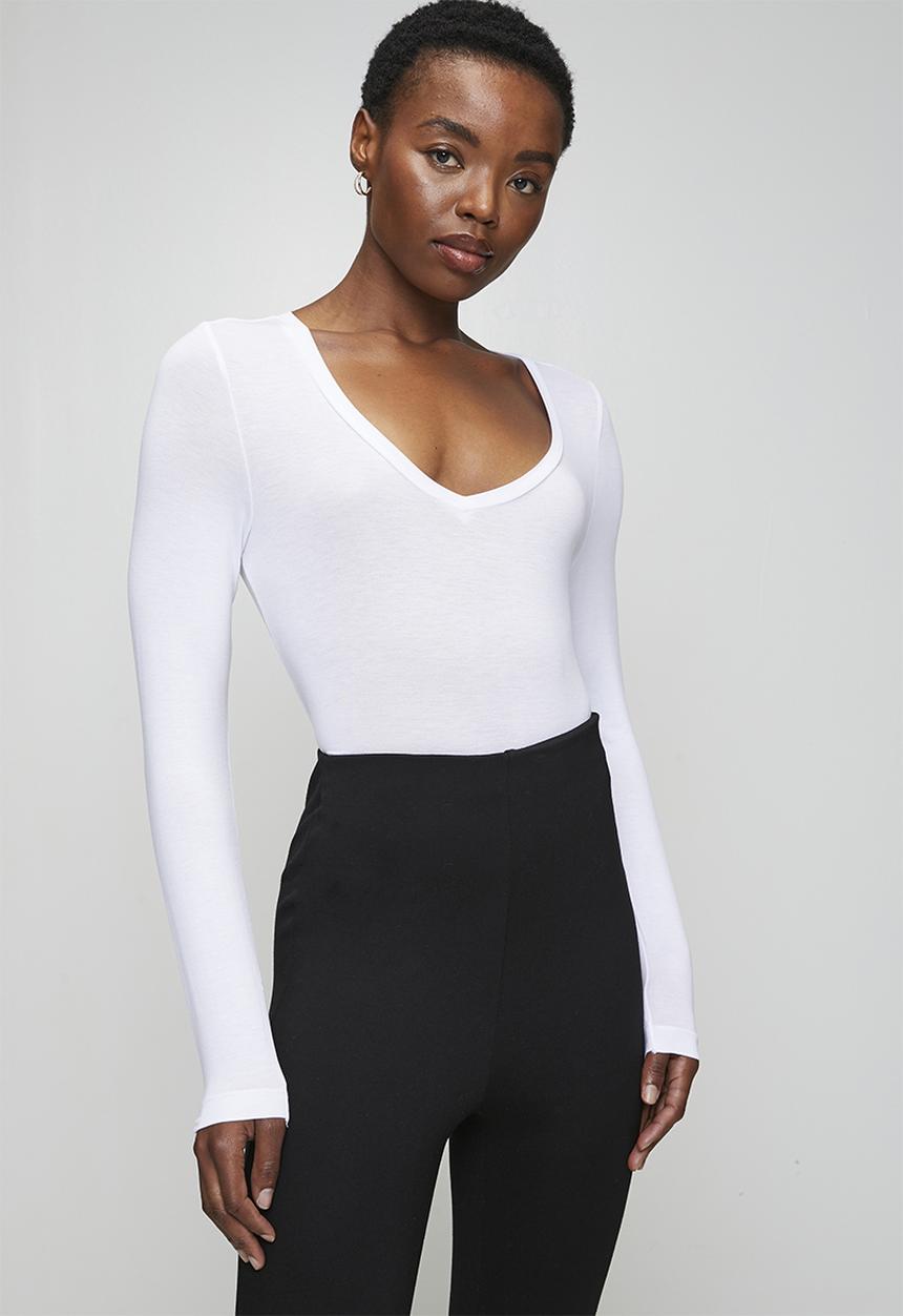 Brave Soul - Ladies V Neck Long Sleeve Bodysuit - White