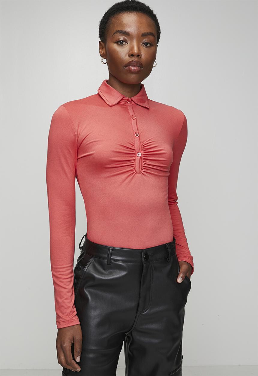 Brave Soul - Ladies Button Through Long Sleeve Bodysuit - Rose