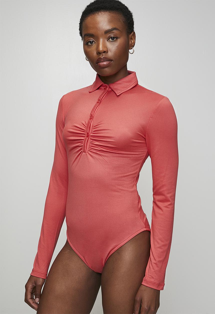 Brave Soul - Ladies Button Through Long Sleeve Bodysuit - Rose
