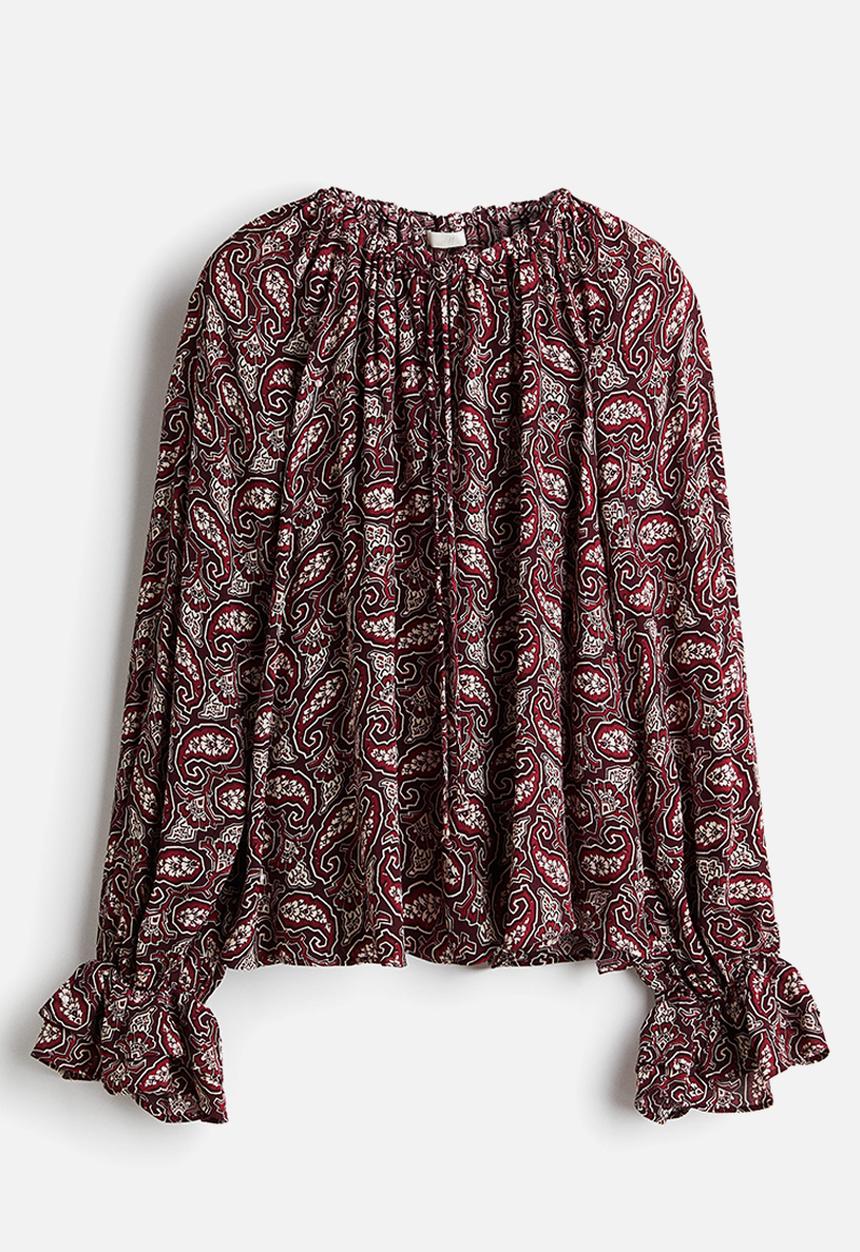 H&M - Frilled-sleeve blouse - burgundy paisley pattern