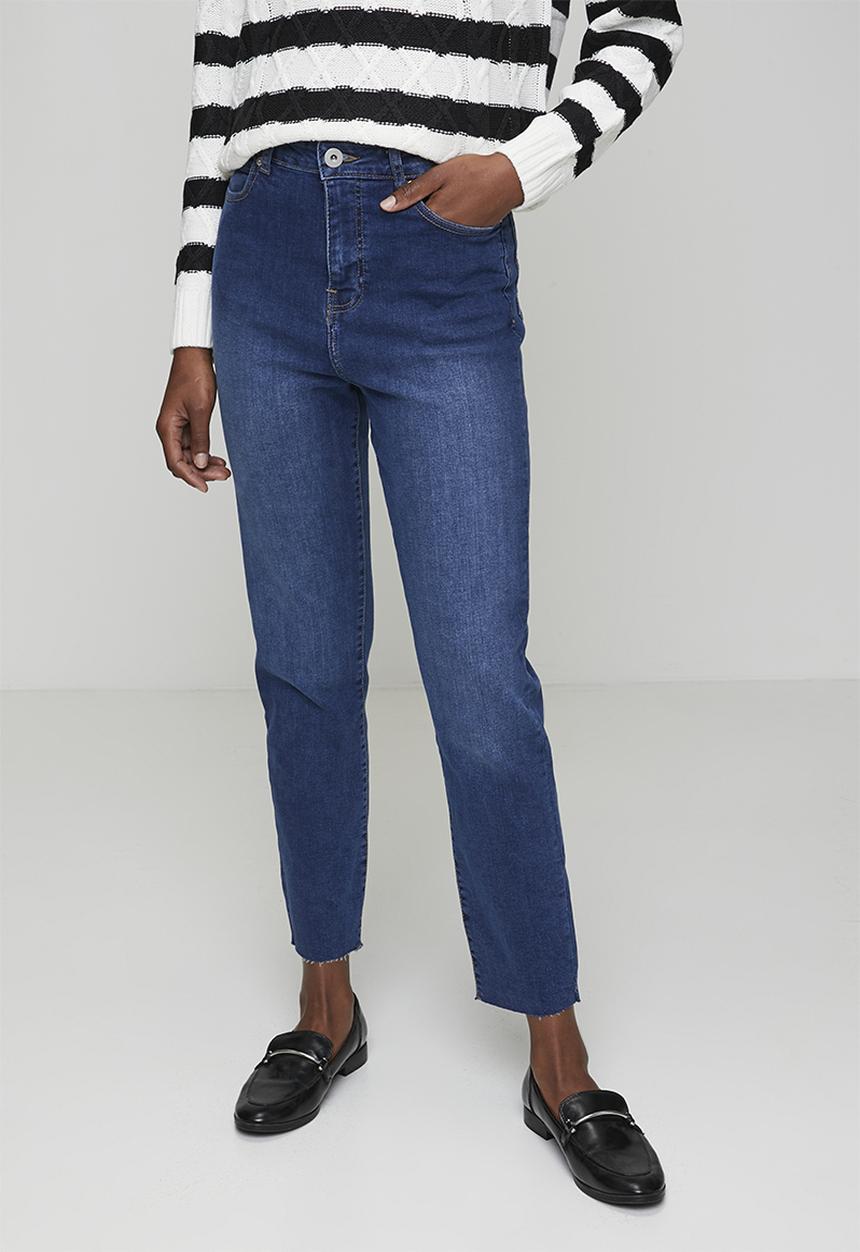 Brave Soul - Ladies Mom Jeans With Raw Hem - Mid Blue