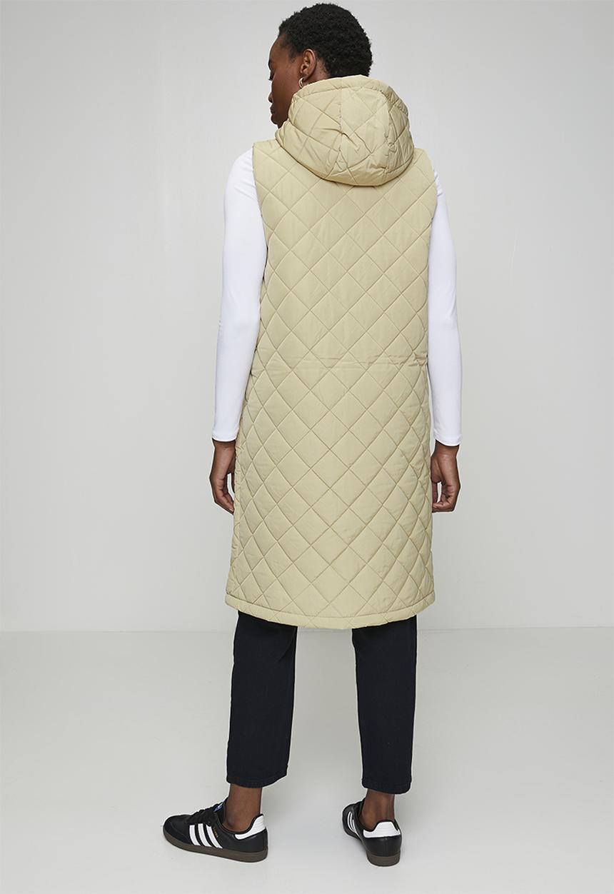 Brave Soul - Ladies Diamond Quilted Hooded Long Gilet - Stone